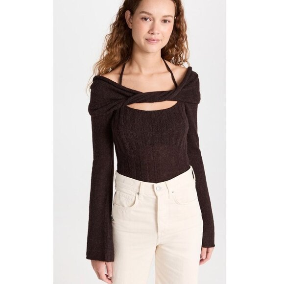 Jonathan Simkhai Brown Off-the-Shoulder Sweater - Picture 1 of 7